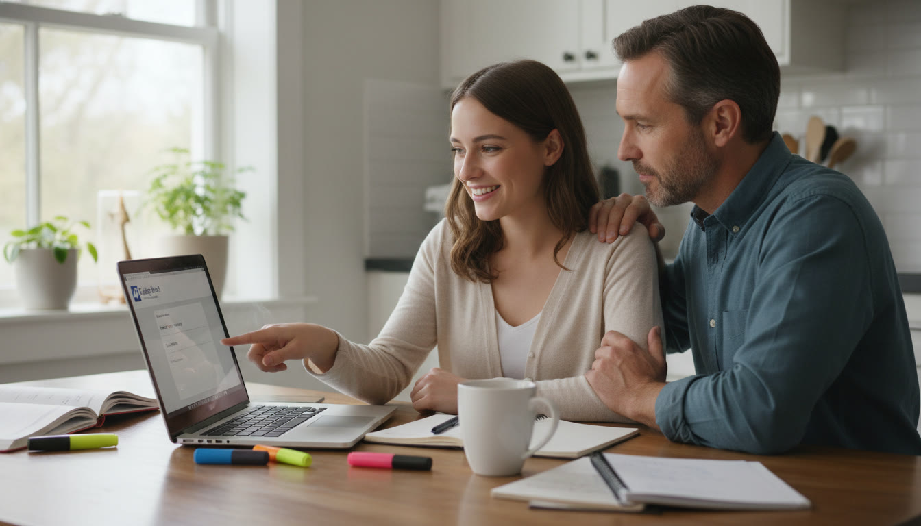 Photo Idea : A calm student and parent sitting at a kitchen table with a laptop, reviewing AP score options together. Natural light, notes, and a cup of coffee to suggest thoughtful collaboration.