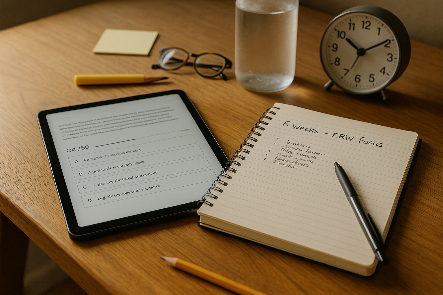 Photo Idea : A desk with a tablet showing official practice question screens and a notebook with a targeted plan: 