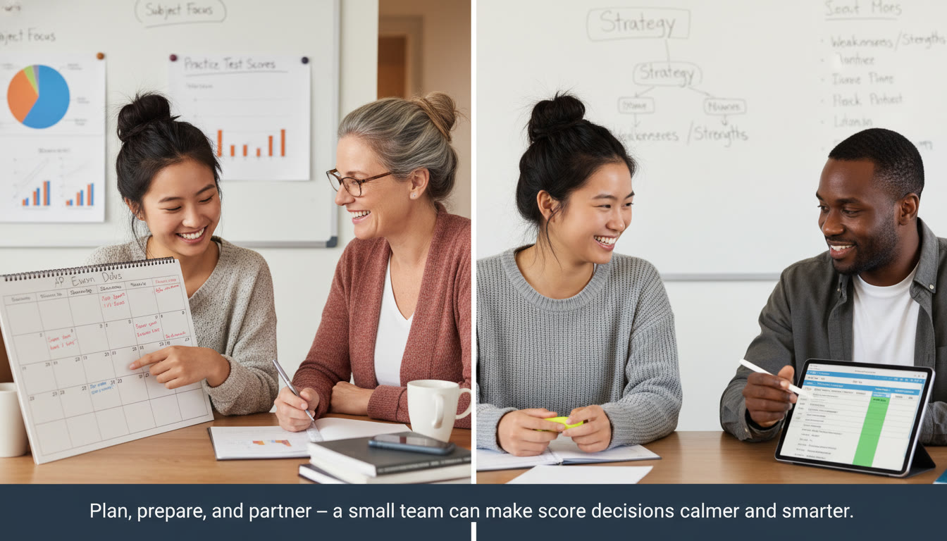 Photo Idea : A split-screen image showing a student planning with a parent on one side and a tutor on the other, with a calendar and charts. Caption idea: 