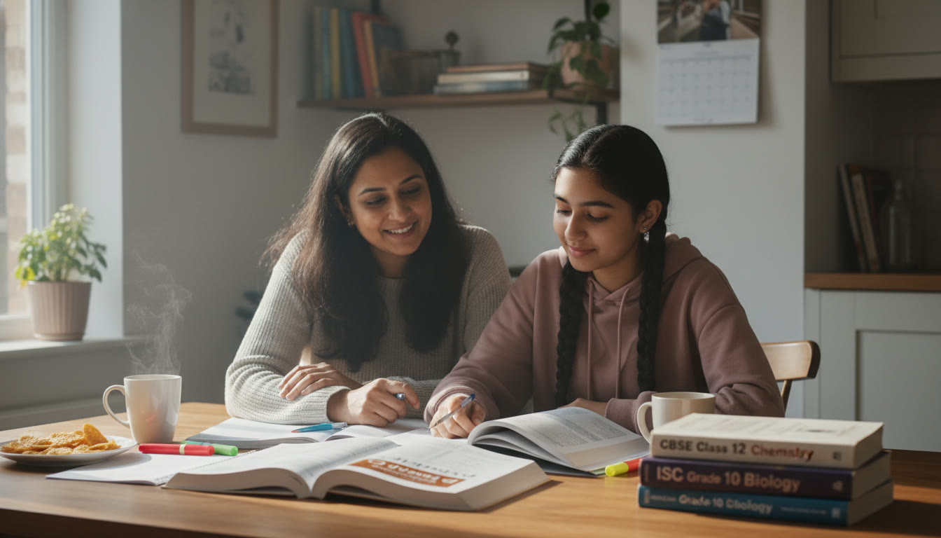 Photo Idea : A warm family scene at a kitchen table — parent and teen poring over study materials together, with both CBSE/ICSE textbooks and an AP prep book visible. This photo should communicate calm planning and partnership.