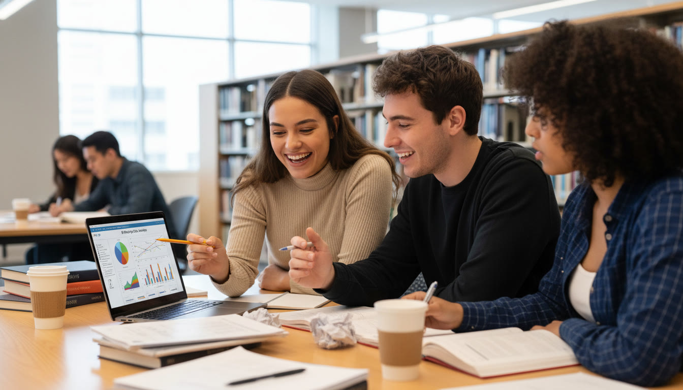 Photo Idea : A small group mentoring session where a tutor helps a student interpret data on a laptop, illustrating personalized tutoring and collaborative problem-solving.