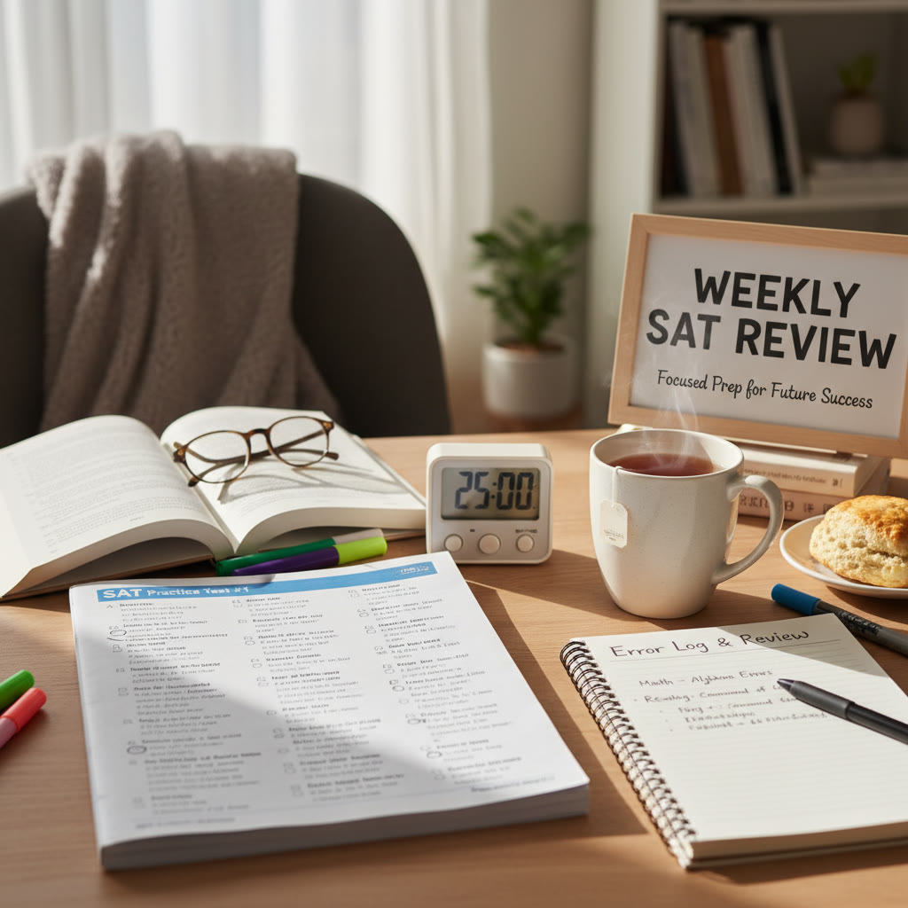 Photo idea: A cozy study desk with a practice test, error log notebook open, timer, and a cup of tea — illustrating a focused weekly review session.