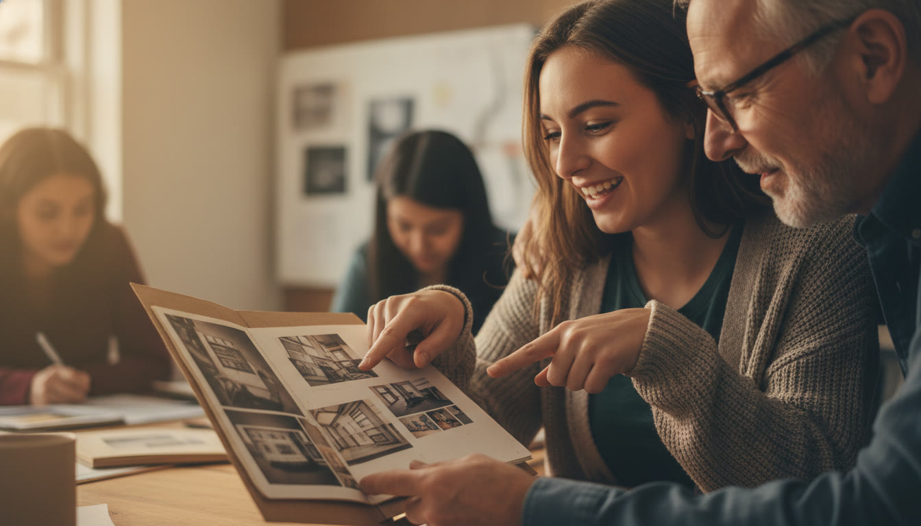 Photo Idea : Close-up of a student presenting a small portfolio book to a mentor, hands pointing at process photos and sketches; warm tones and attentive expressions to suggest critique and mentorship.