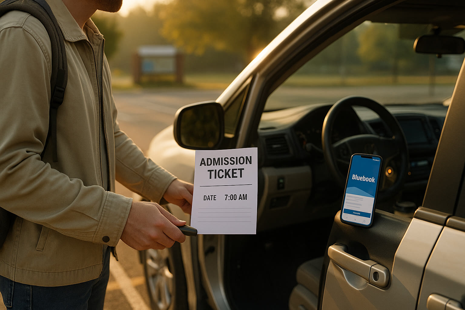 Photo Idea : A warm, early-morning photo of a parent unlocking a minivan with a backpack and a clearly visible printed admission ticket and phone showing the Bluebook app on the dashboard.