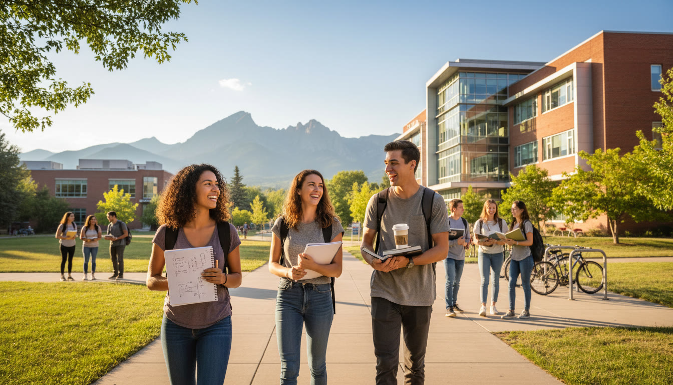 Photo Idea : A sunny campus shot near CU Boulder engineering buildings with students carrying notebooks; foreground shows a student with a laptop and calculus notes open.