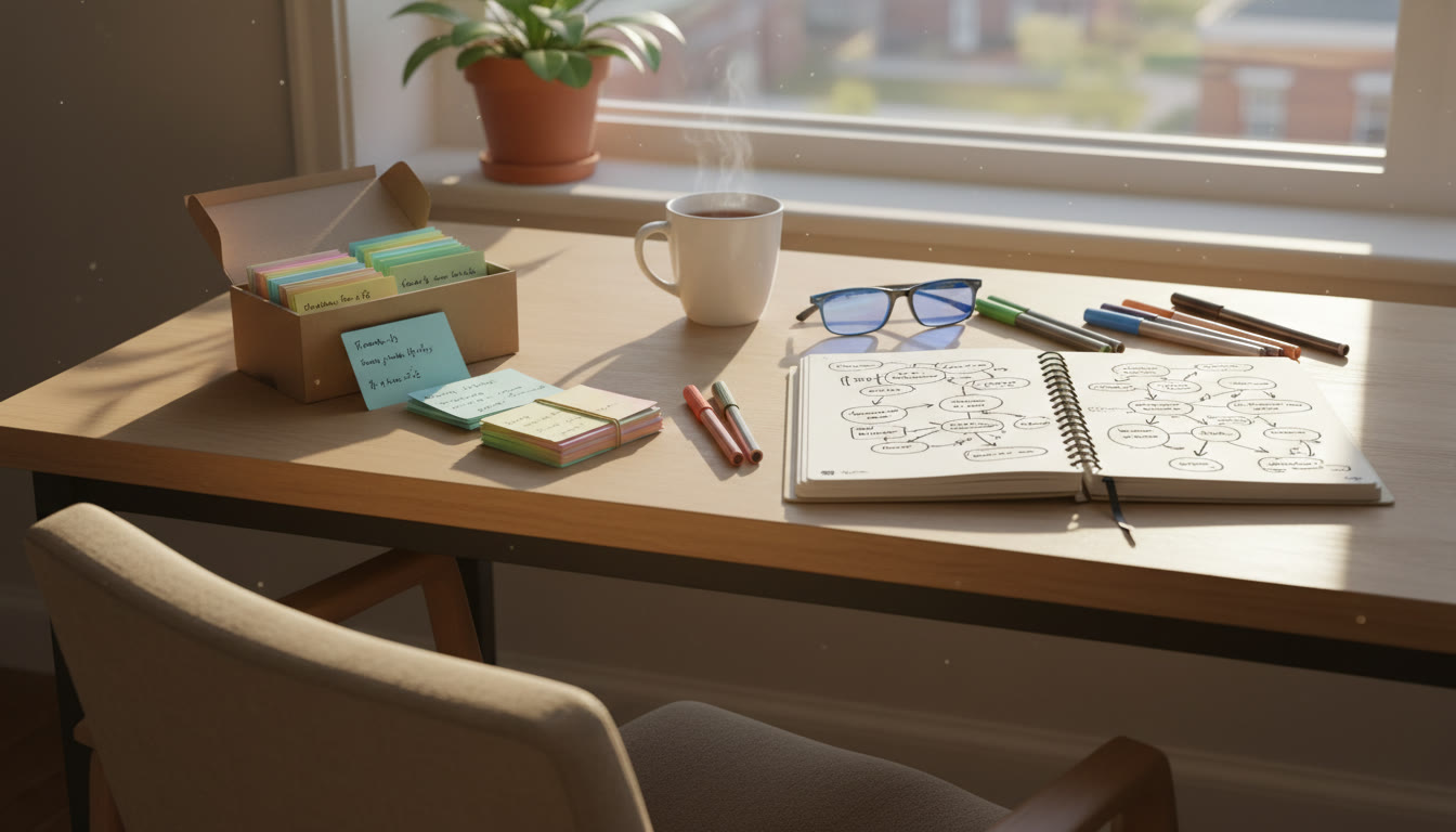 Photo Idea : A warm, sunlit study desk with color-coded notes on one side and a diagram-heavy notebook on the other—representing memorization (flashcards) and understanding (concept maps).