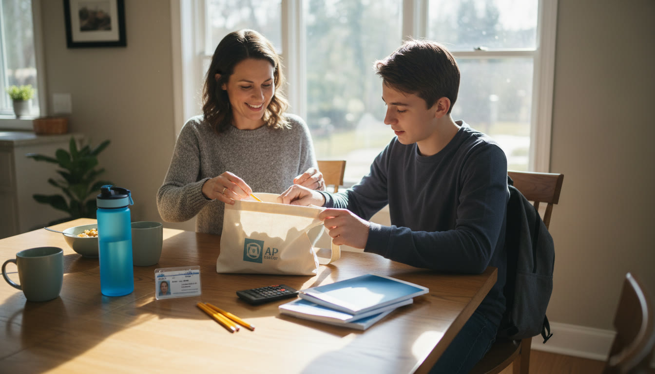 Photo Idea : A calm morning scene of a parent and teen packing a small bag for the AP exam — water bottle, ID, and pencils laid out on a table.