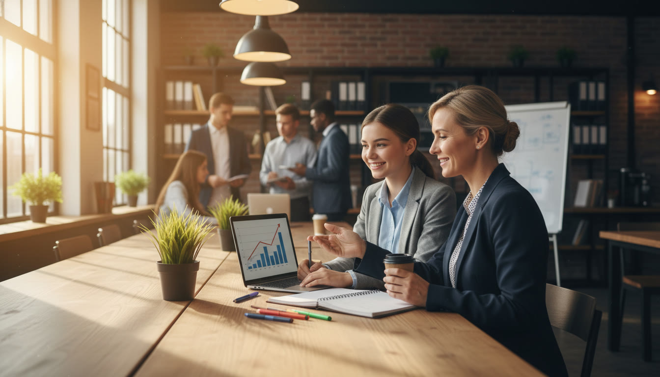 Photo Idea : A dynamic shot of a high school student in a modern co-working space taking notes during a business internship; sunlight, laptop, notepad, and a mentor nearby—captures learning in action and connects AP classroom to workplace.
