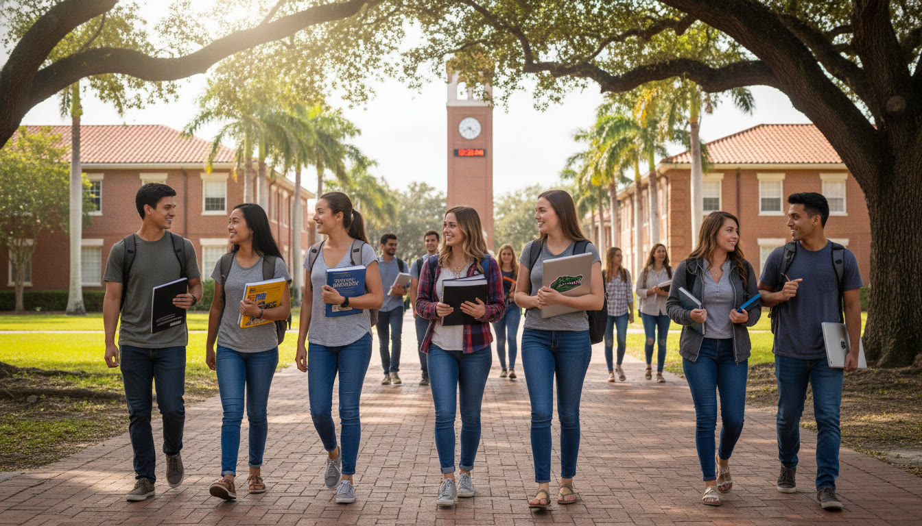 Photo Idea : A daytime campus scene at University of Florida with students walking between classes, a mix of textbooks and laptop visible — conveys future-focused motivation and the real-world campus life students aim for.
