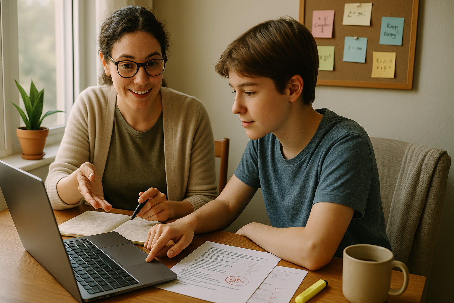Photo Idea : A bright study nook with a tutor and student working at a laptop, scored practice tests open, sticky notes on the wall — an image that suggests focused, compassionate tutoring support midway through the article.