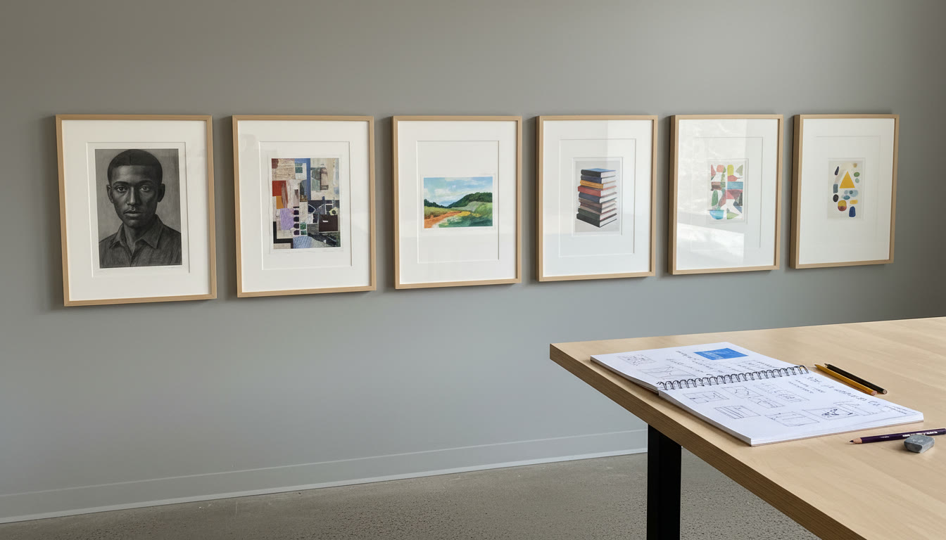 Photo Idea : A clean, minimalist gallery‑style shot of five framed Selected Works hung or laid out together, with a small notebook beside them showing notes and thumbnails — to convey curatorial thinking and final presentation.