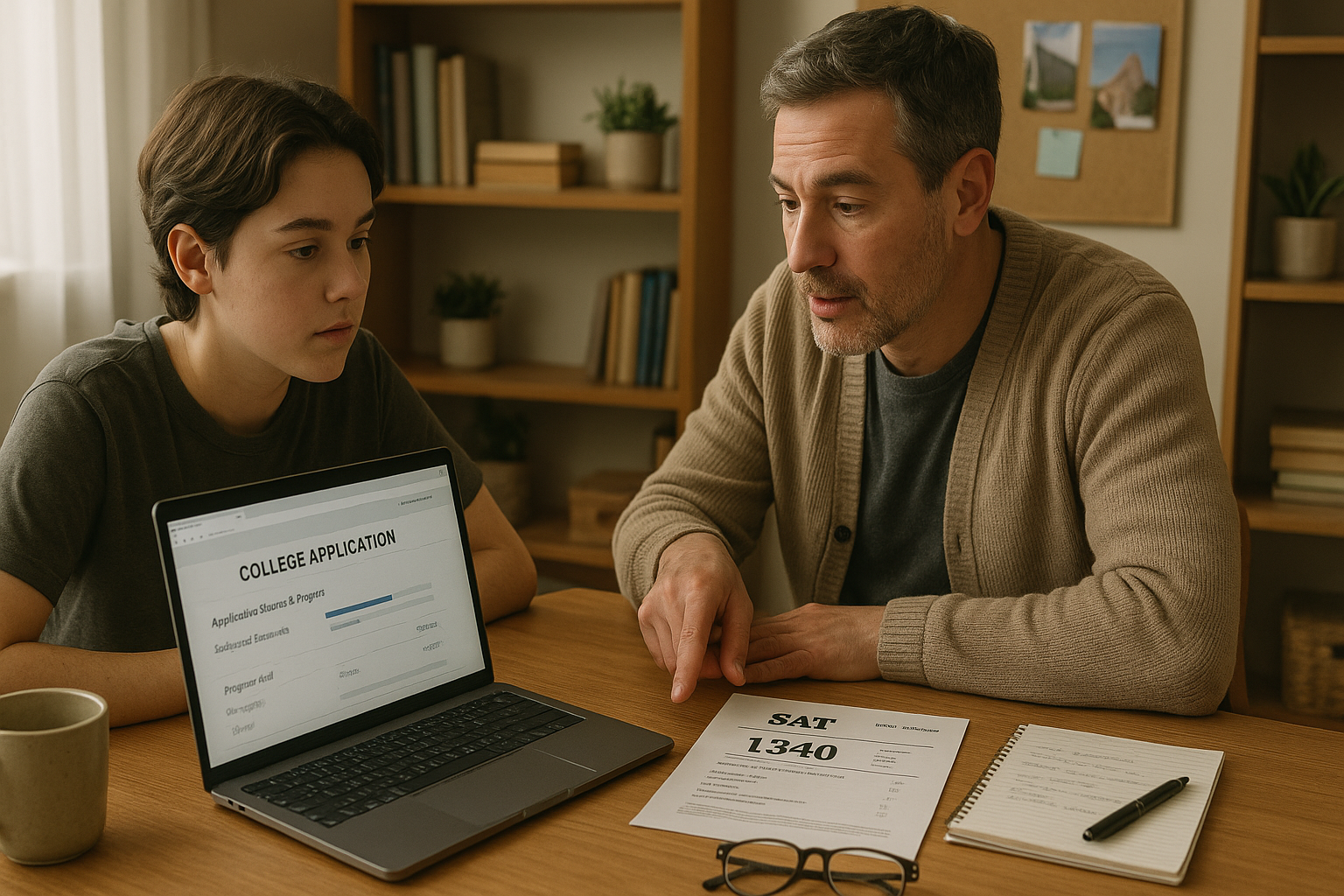 Photo Idea : A calm study desk with a laptop open to a college application portal, a printed SAT score report, and a parent and student discussing next steps.