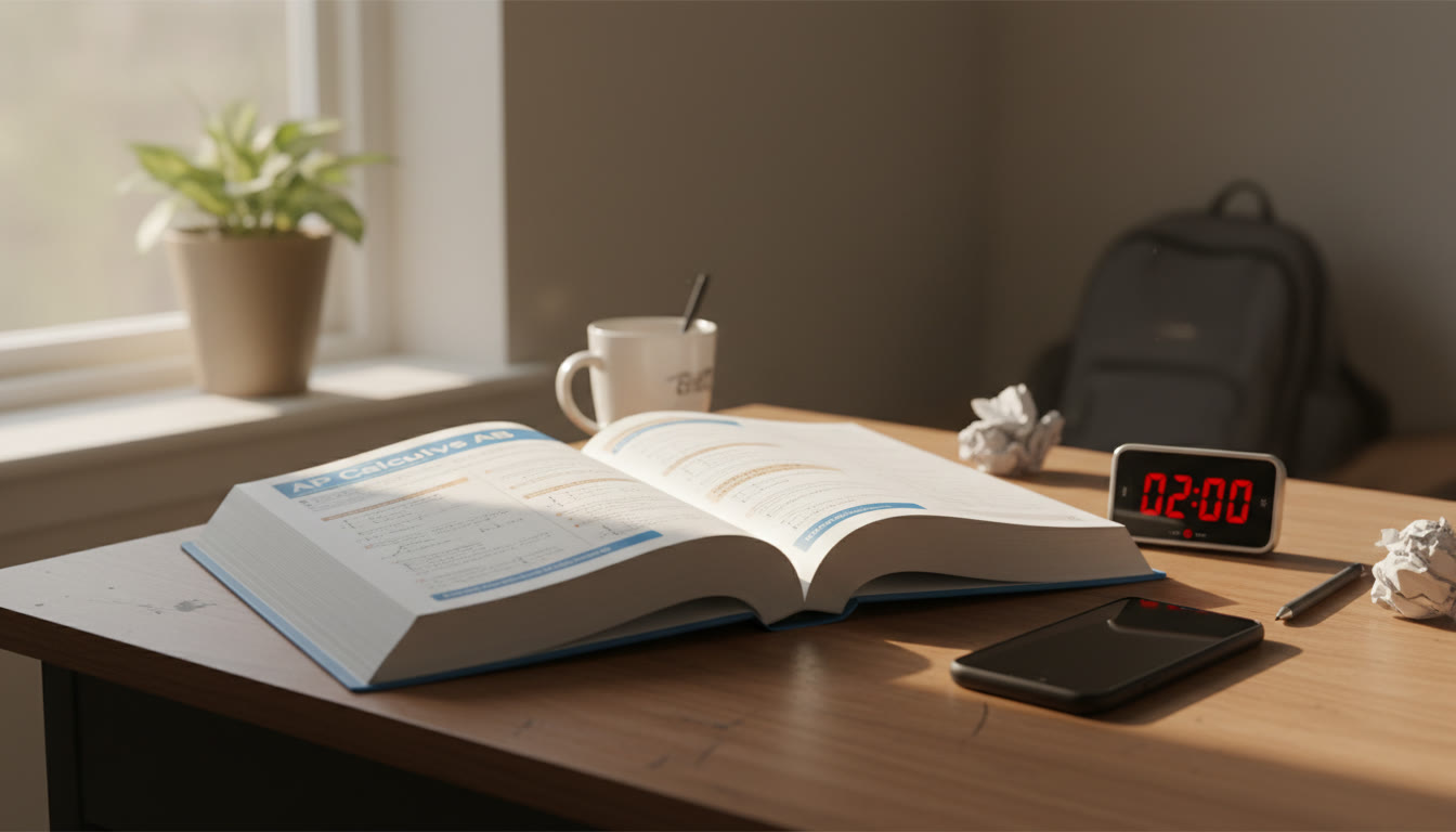 Photo Idea : A close-up of a high school desk with an open AP textbook, a smartphone face-down, and a timer showing 02:00—soft natural light, warm tones to convey calm focus.