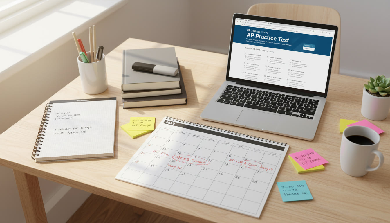 Photo Idea : A bright, organized desk with a calendar opened to May, sticky notes with study blocks, and a laptop showing a practice test. The shot is overhead to show structure and planning energy.