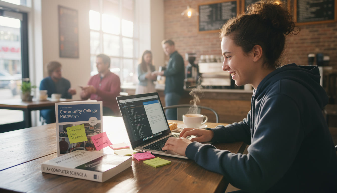 Photo Idea : A bright, candid shot of a high school student studying AP Computer Science on a laptop in a cozy coffee shop, with sticky notes and a community college catalog on the table. This image can sit near the top to set an aspirational tone.
