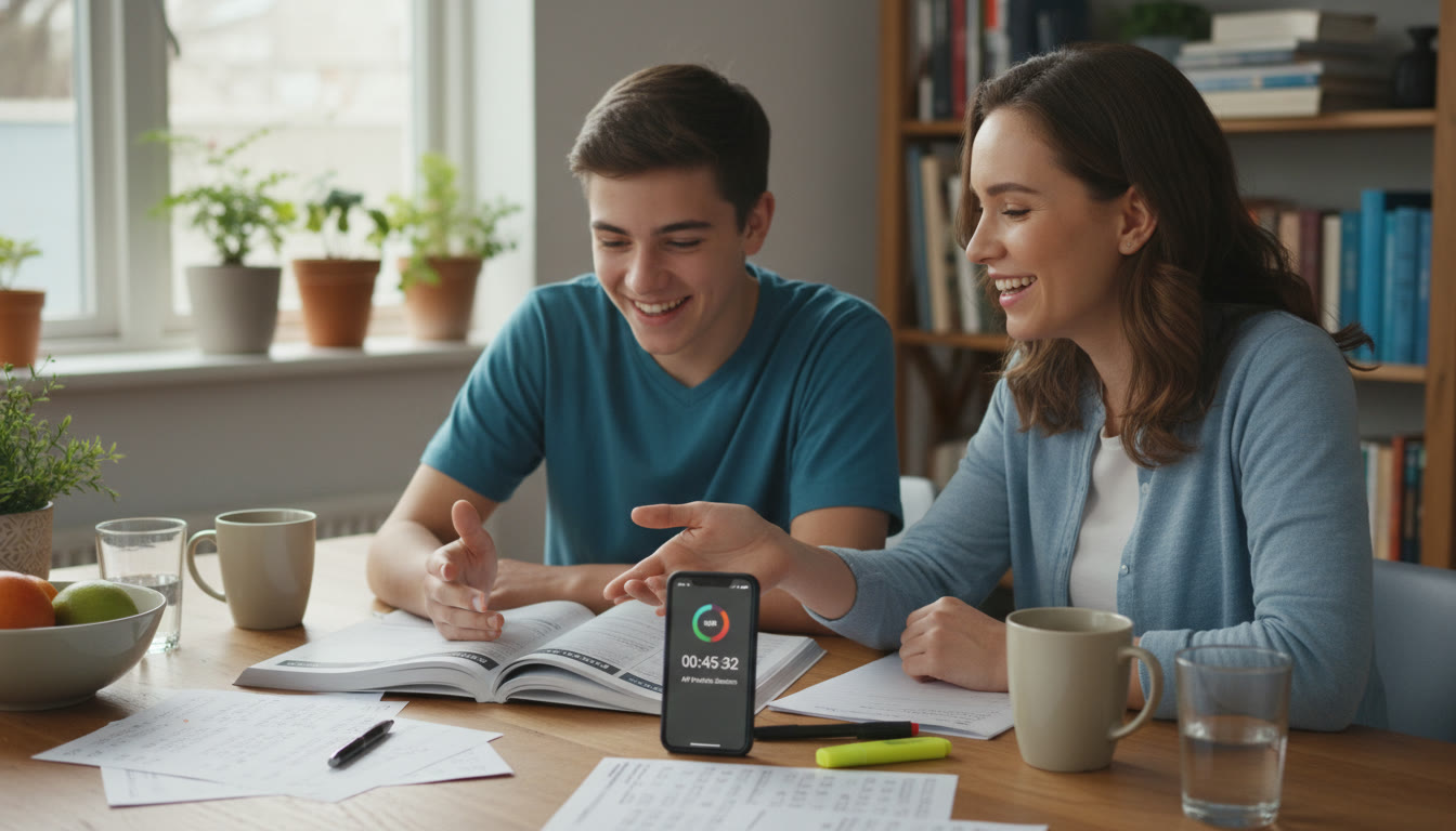 Photo Idea : A parent and teen sitting at a kitchen table with practice materials and a timer app on a phone. This image complements the sections about at-home pacing practice and pre-exam rituals.