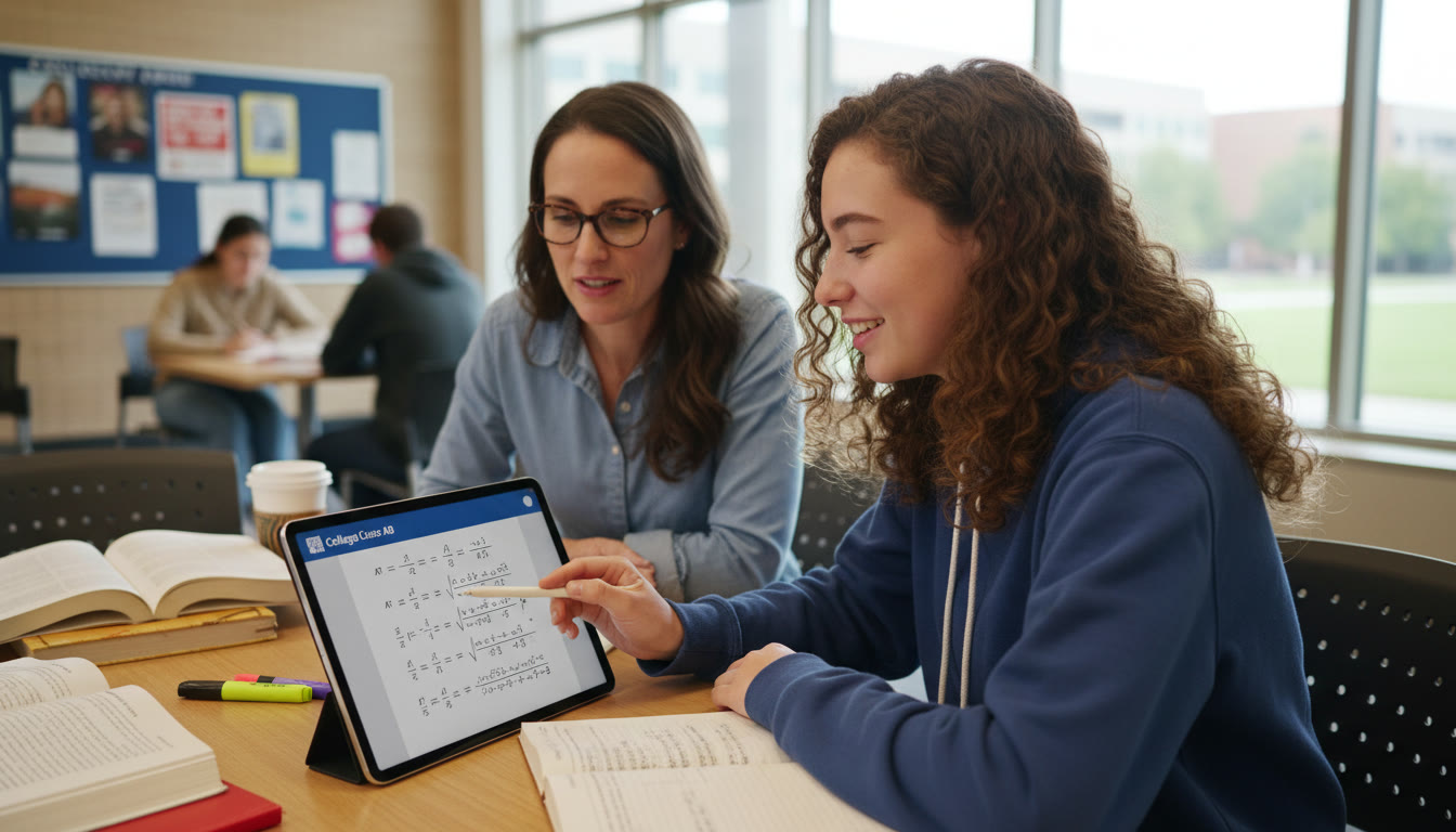 Photo Idea : A photo later in the article showing a focused student in a tutoring session with a tutor pointing to a problem on a tablet, conveying personalization, confidence-building, and real-time feedback.