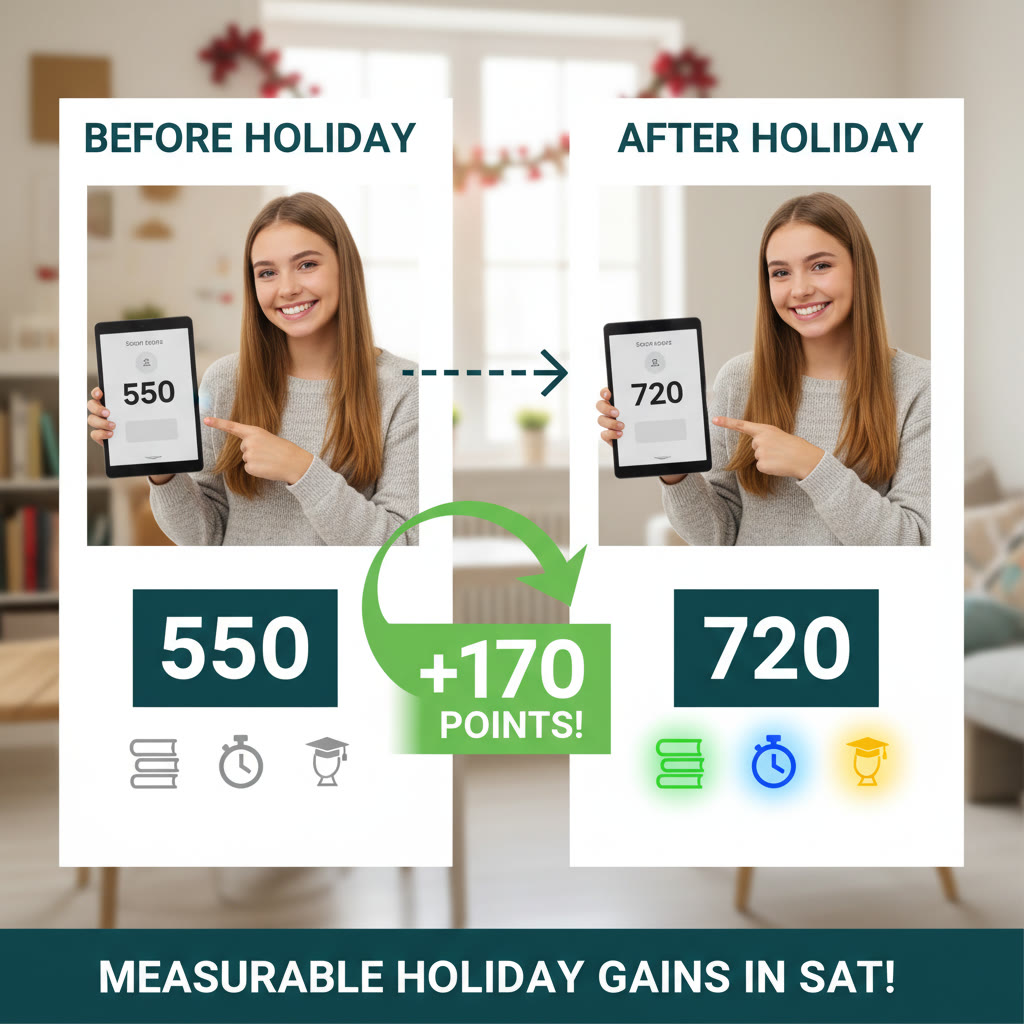 Before-and-after visualization: a simple infographic showing a student's practice score at the start and end of a holiday, with icons for study blocks, practice tests, and tutor sessions — emphasizing measurable holiday gains.