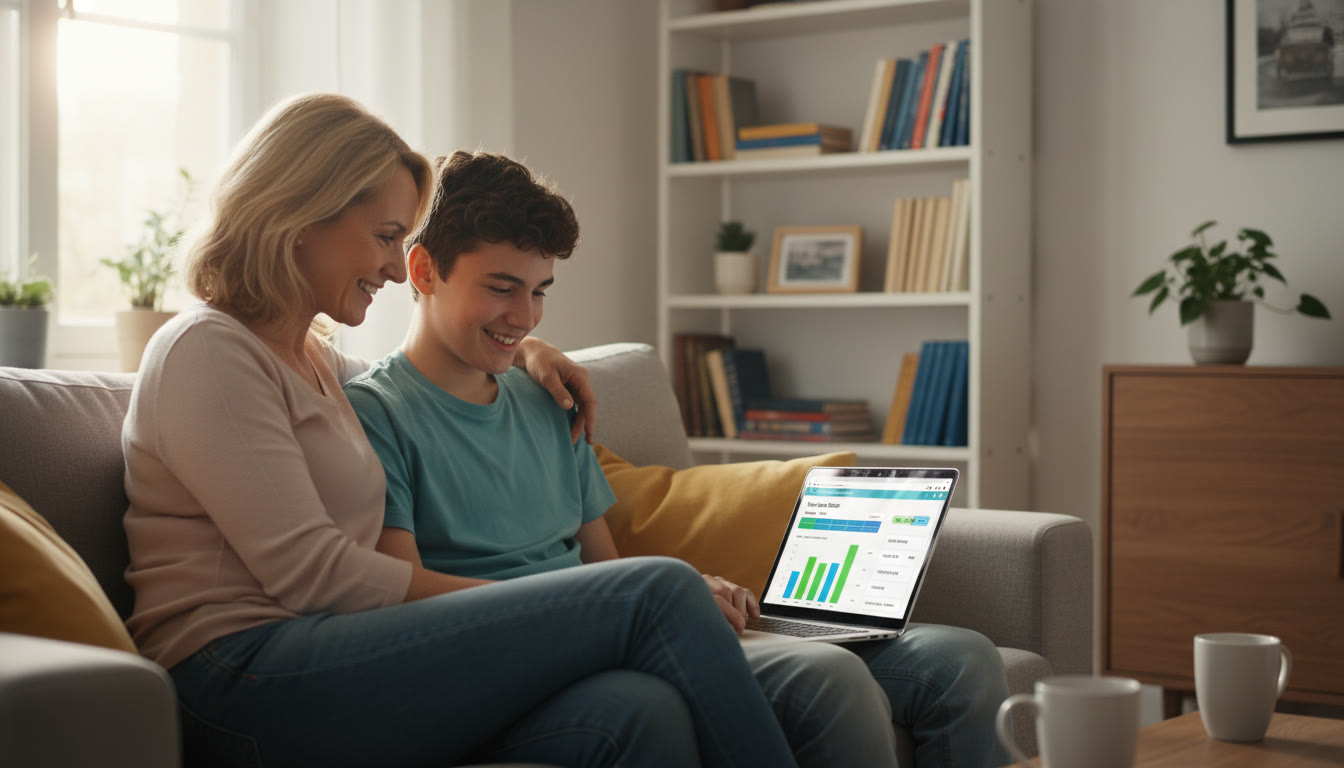 Photo Idea : A supportive parent and teen looking at a laptop together, smiling and discussing results — natural light, living-room setting, laptop showing a generic dashboard (no visible logos).