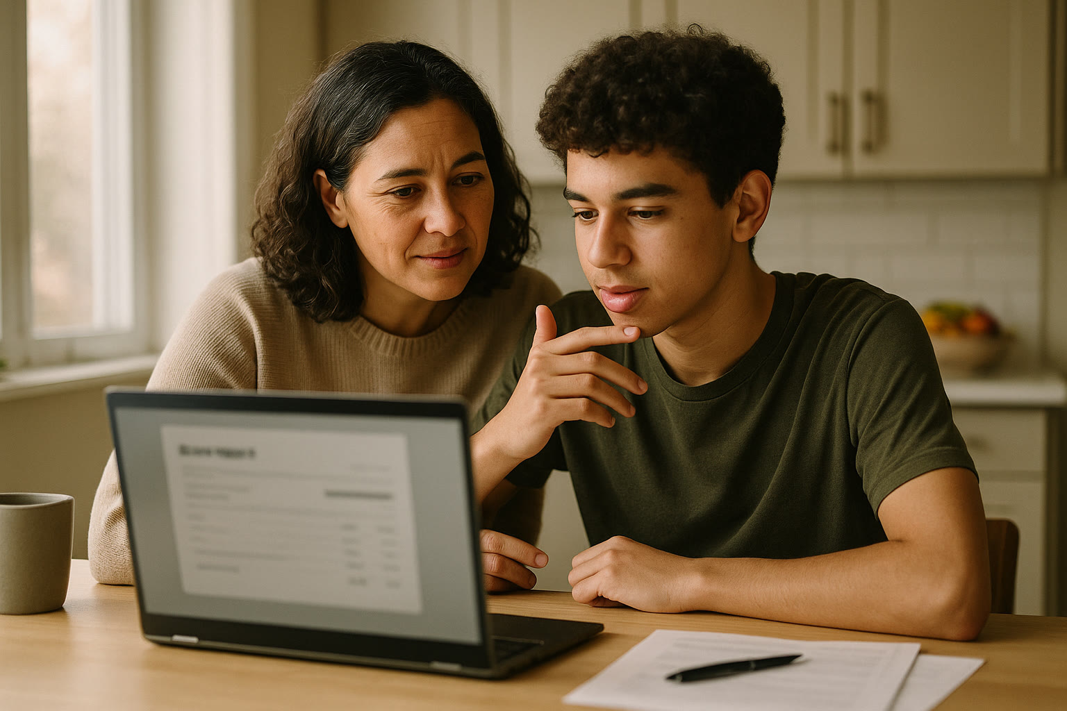 Photo Idea : A parent and teen sitting at a kitchen table with a laptop, score report visible but blurred, both leaning in and talking softly.