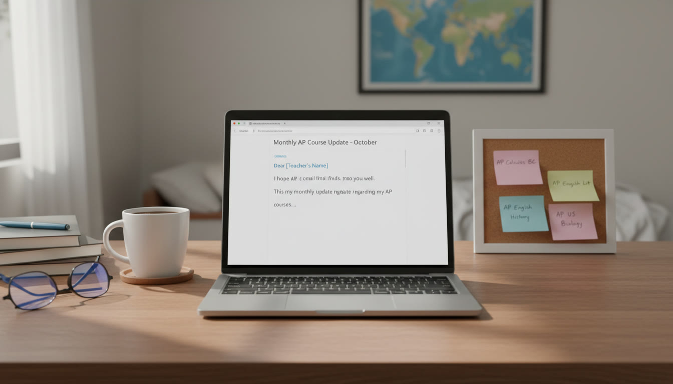 Photo Idea : A tidy desk with a laptop open to an email draft, sticky notes with AP course names, and a cup of coffee. The image should feel calm and intentional, showing a student preparing a concise monthly update to a teacher.