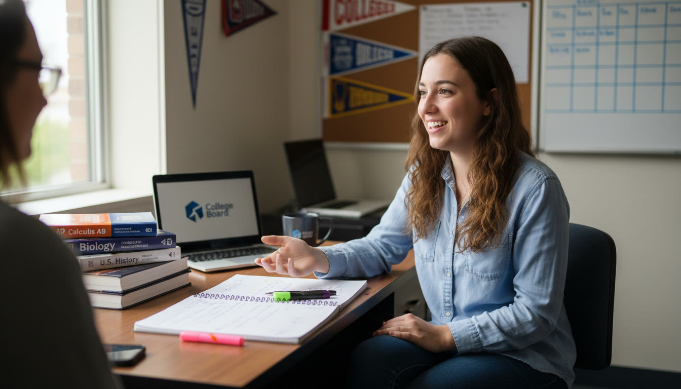 Photo Idea : A student sitting at a tidy desk with AP textbooks and notes, mid-conversation with an interviewer. Natural lighting, relaxed posture—conveys confidence and preparedness.