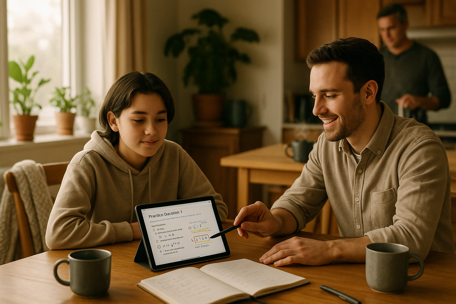 Photo Idea : A cozy Saturday morning scene showing a teen working with a tutor over a tablet, annotated practice questions visible, and a parent making coffee nearby — an atmosphere of calm collaboration.