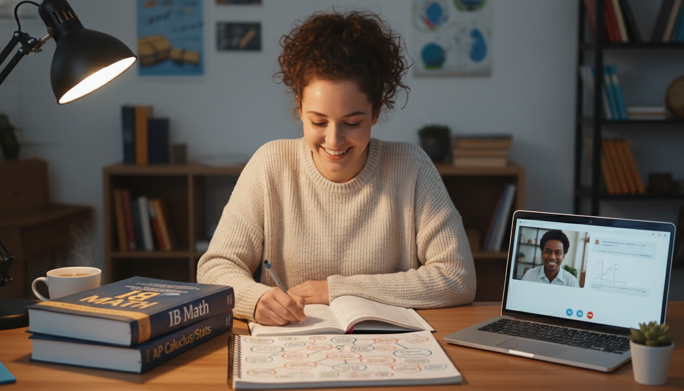 Photo Idea : A warm study scene of a student at a desk with two open textbooks (one labeled