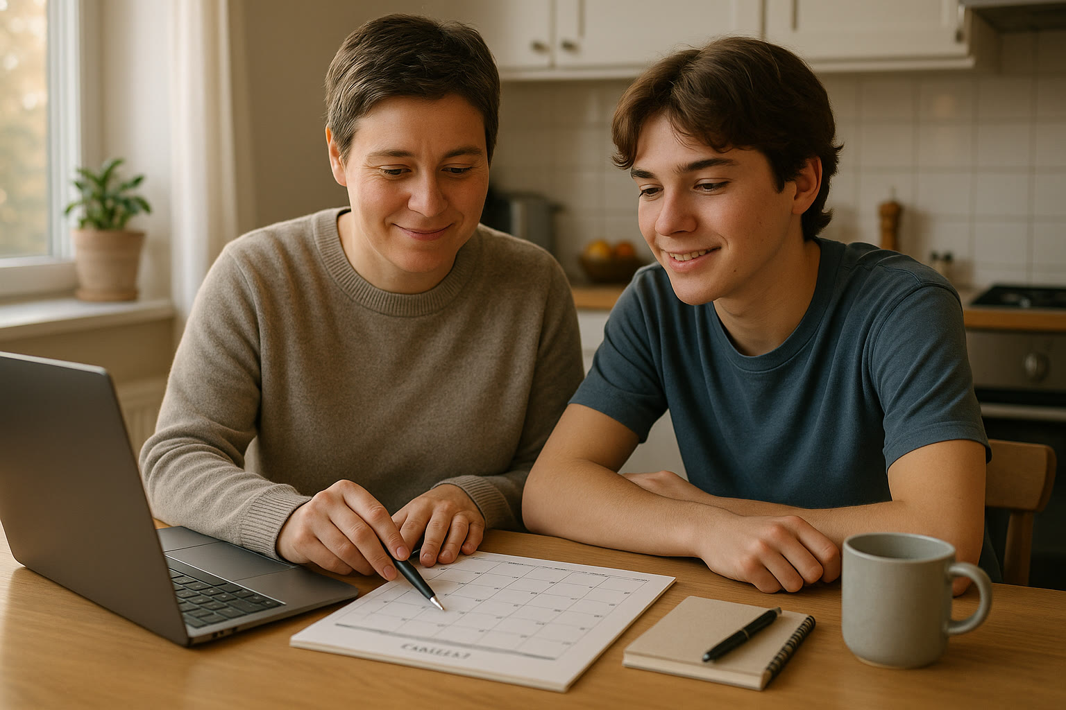Photo Idea : A calm parent and teen sitting at a kitchen table with a laptop open, looking at a calendar and making a plan—natural morning light, reassuring tone.
