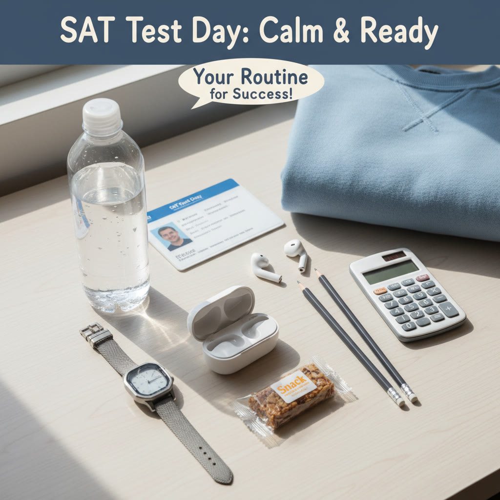 Illustration idea: A calm test-day kit laid out neatly—ID, water bottle, watch, and earbuds—representing preparedness and routine.
