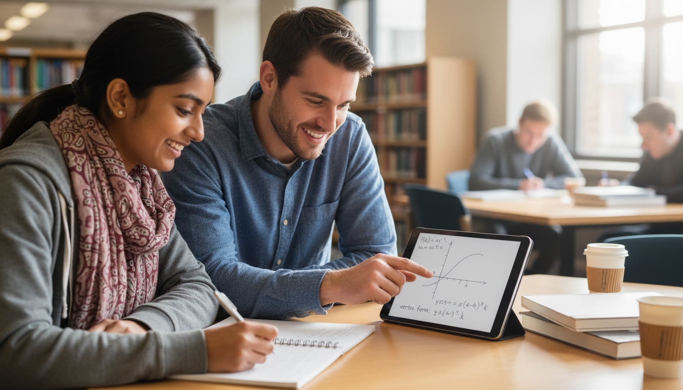 Photo Idea : A student and a tutor sitting at a table with a tablet displaying a graph and notes; the tutor points to the screen while the student writes algebraic steps — natural, collaborative tutoring energy to highlight one-on-one help.