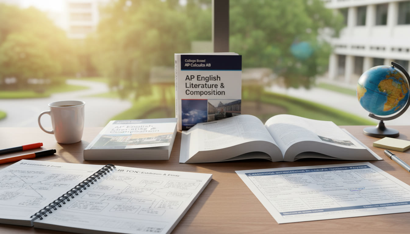 Photo Idea : A bright study desk with AP textbooks, an IB TOK notebook, and an A-Levels syllabus sheet spread out — symbolizing a blended curriculum and global ambition.