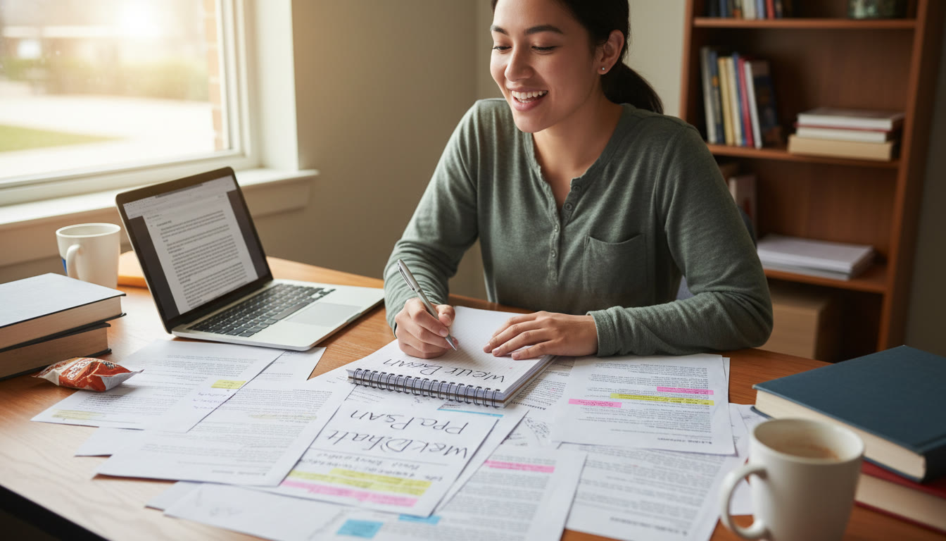 Photo Idea : Student at a desk surrounded by annotated printouts and a laptop, mid-write with a notebook open titled 