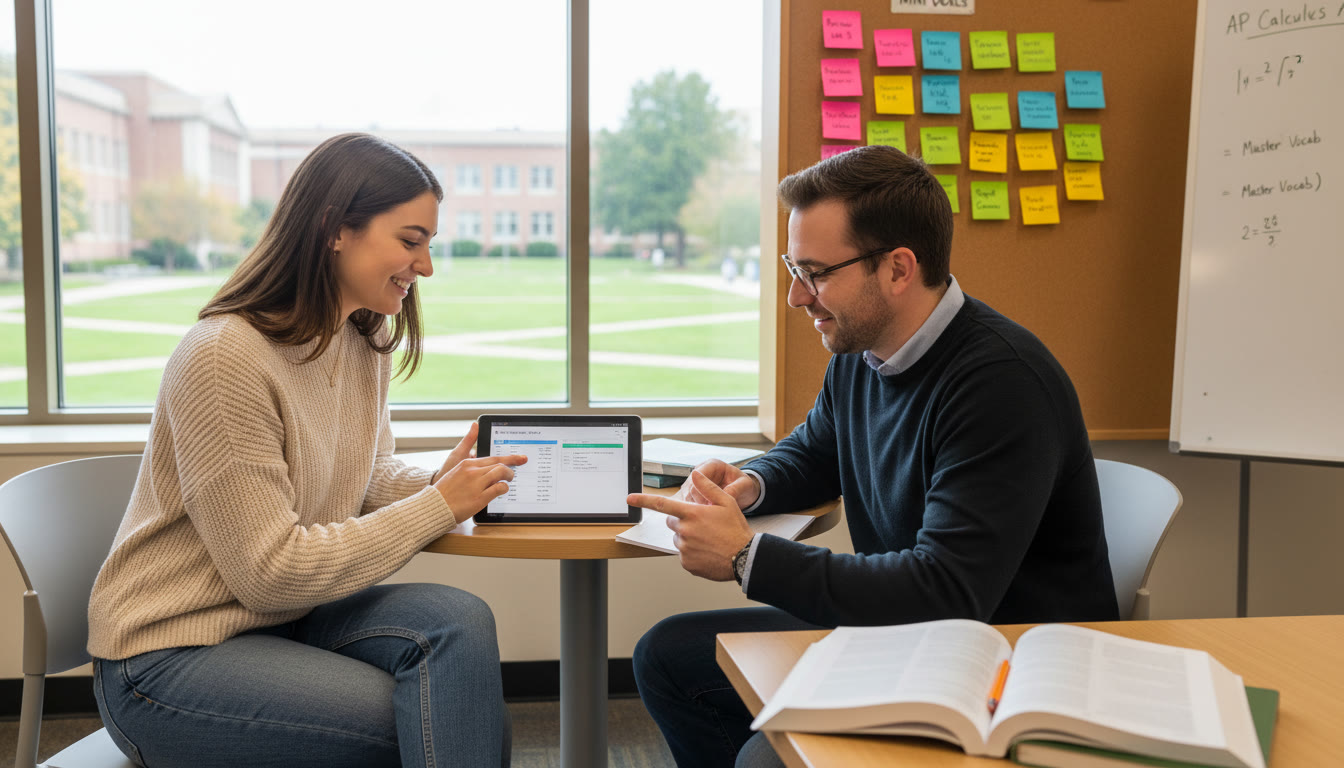 Photo Idea : A small group session with a tutor guiding a student through an error log on a tablet, sticky notes visible on the wall with mini-goals — illustrates personalized tutoring and collaborative review.