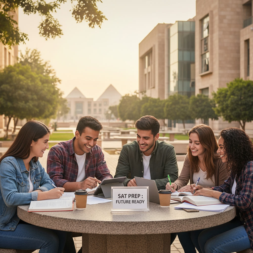 Photo Idea : A candid photo of a diverse group of students working together in a modern campus courtyard at the American University in Cairo, with skyline and trees in soft focus.