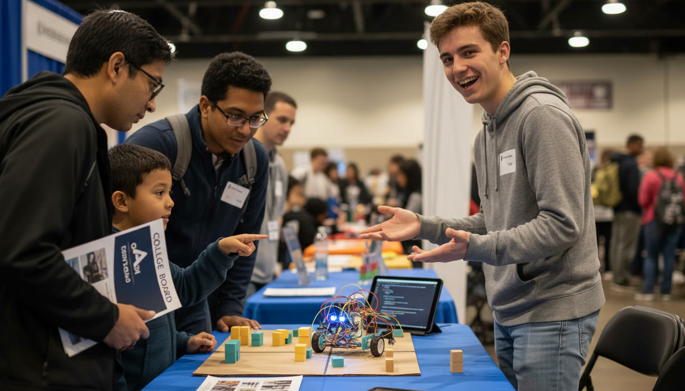 Photo Idea : A candid photo of a student presenting a small robotics or coding project at a local fair, smiling and explaining; perfect for the section on projects and demonstrating passion.
