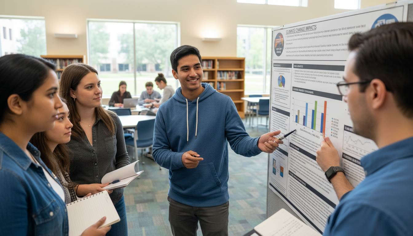 Photo Idea : A student presenting a poster to a small group, with a close-up of hands pointing at data—captures communication and evidence-sharing in action.