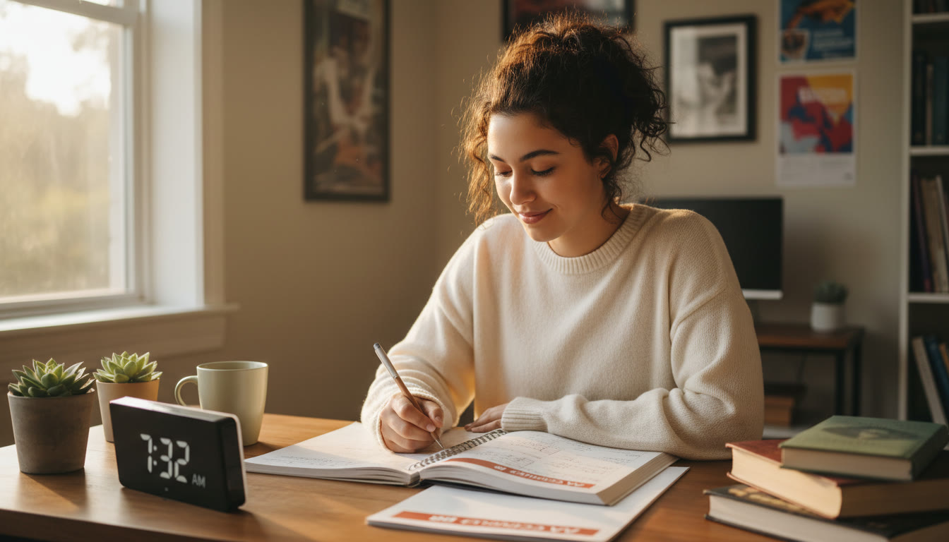 Photo Idea : A warm, candid shot of a student at a desk in soft morning light, with a clock and an open AP notebook — showing calm focus and a tidy study routine.