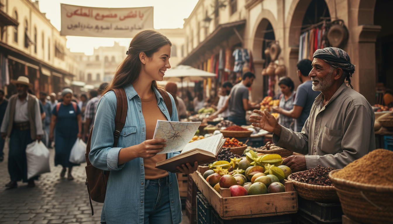 Photo Idea : A student abroad in a bustling foreign market, chatting with a vendor, map and notebook at hand — a candid moment that shows language learning in action and the kind of cultural immersion that changes academic growth into life experience.