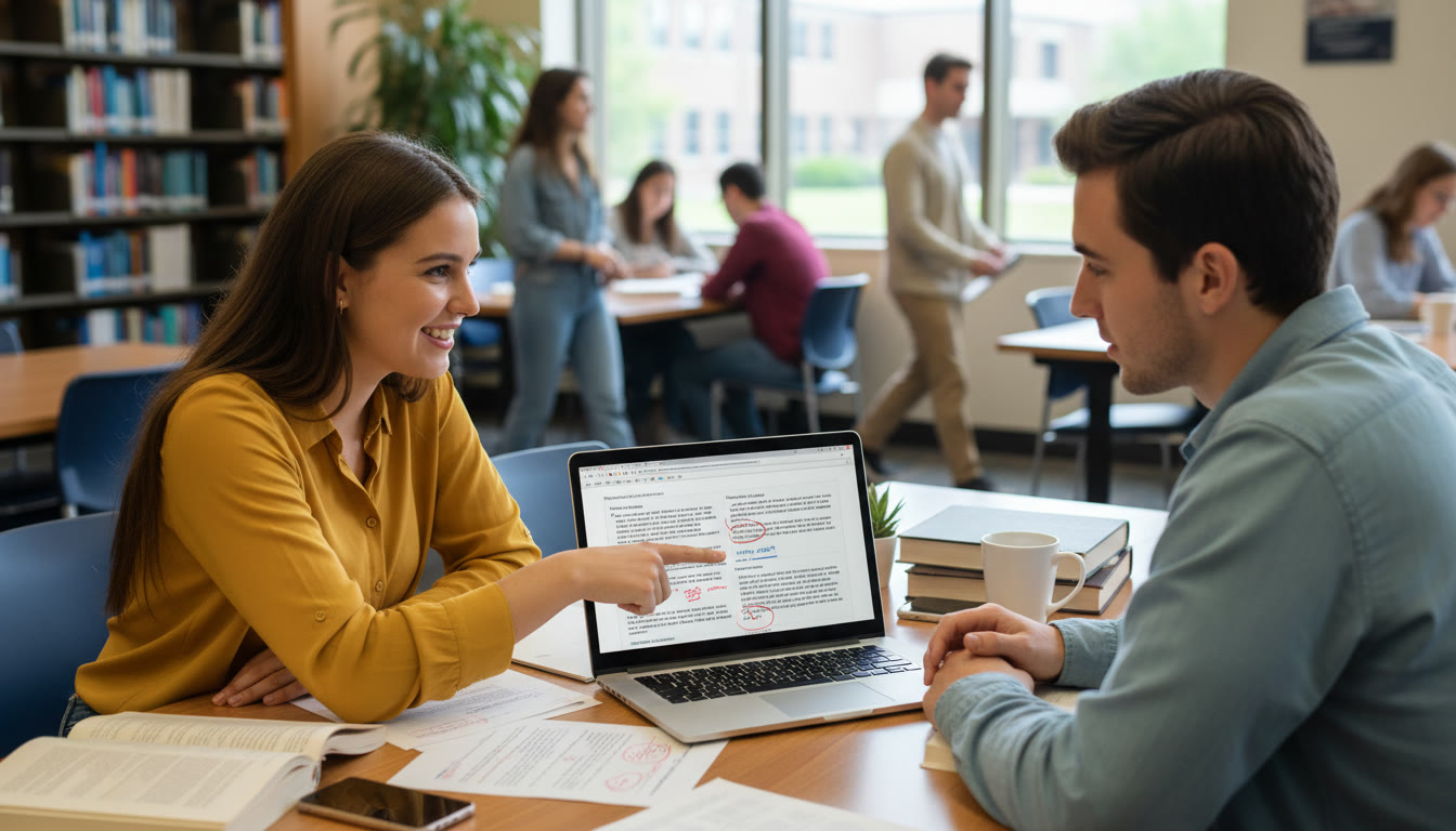 Photo Idea : A tutor and student reviewing a practice FRQ together, pointing at annotated sources on a laptop — this image appears around the middle of the article to reinforce the benefit of targeted tutoring and one-on-one feedback.