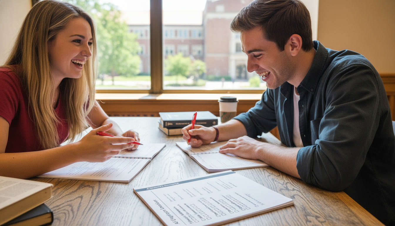 Photo Idea : Two students at a table, grading each other's printed FRQ responses with red pens and a rubric checklist visible—energetic, collaborative scene.