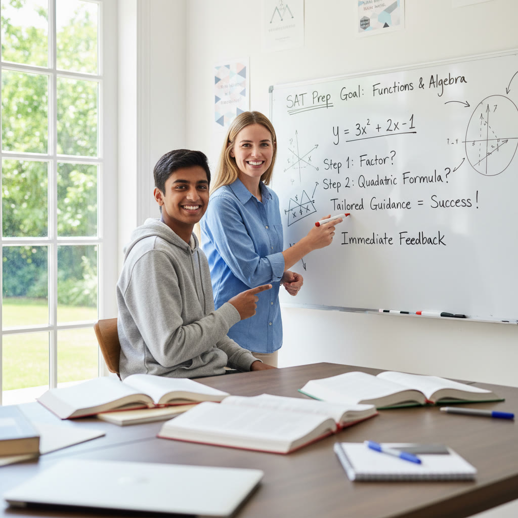 Photo idea: A student and tutor working together, pointing at a math problem on a whiteboard. Description: 