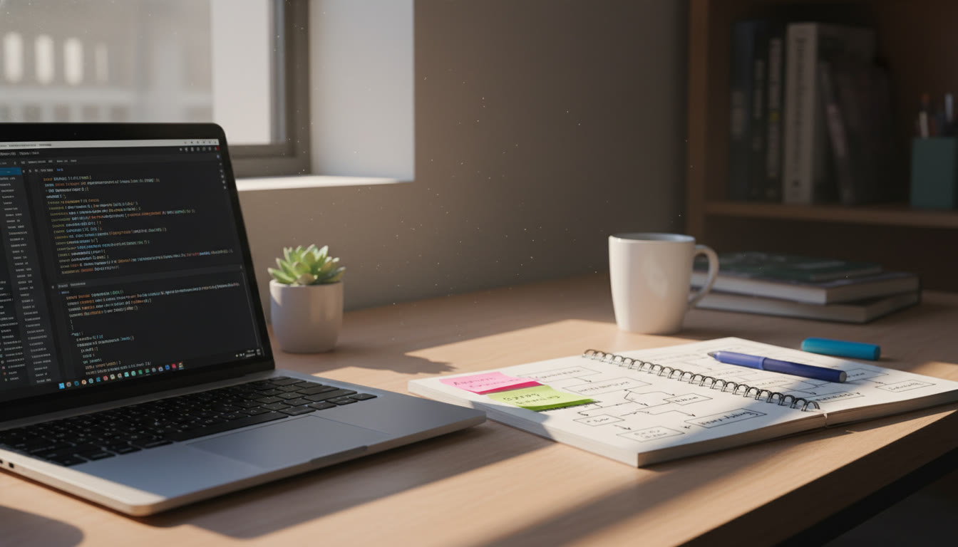 Photo Idea : A study desk with a laptop showing Java code on one side and a notebook with a flowchart and sticky notes on the other, sunlight streaming through a window — conveys hands-on coding and creative planning.