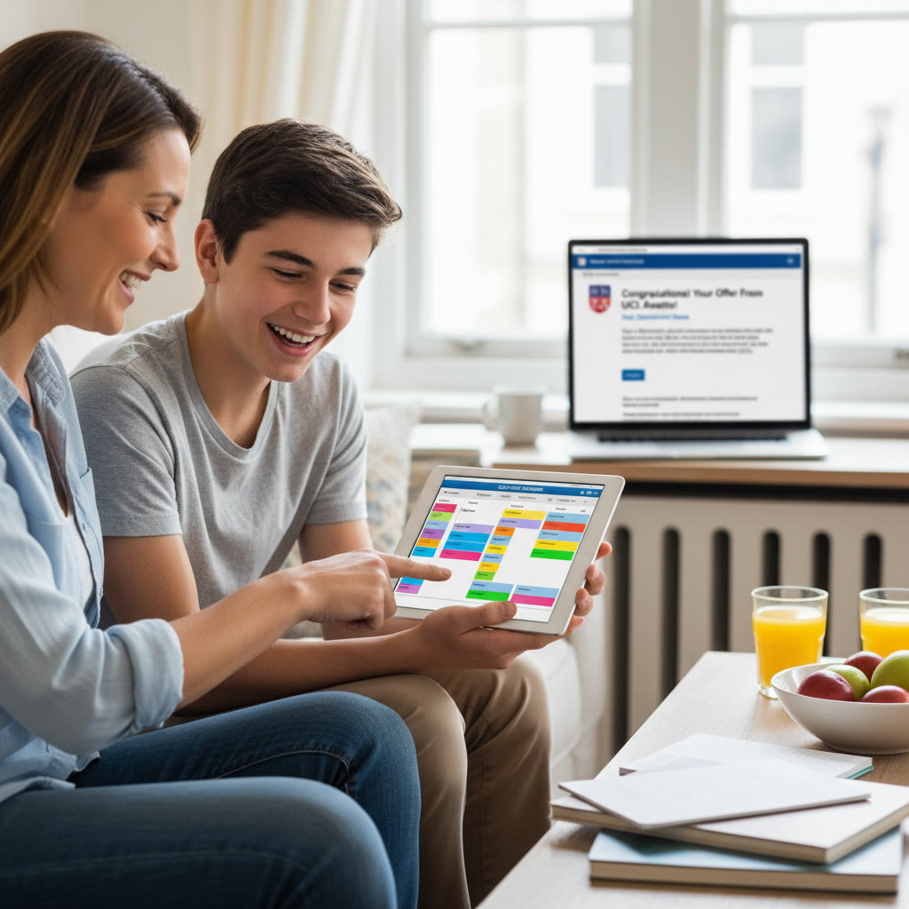 Photo Idea : A parent and student reviewing an SAT study schedule on a tablet, with a UCL acceptance email mock-up visible in the background.