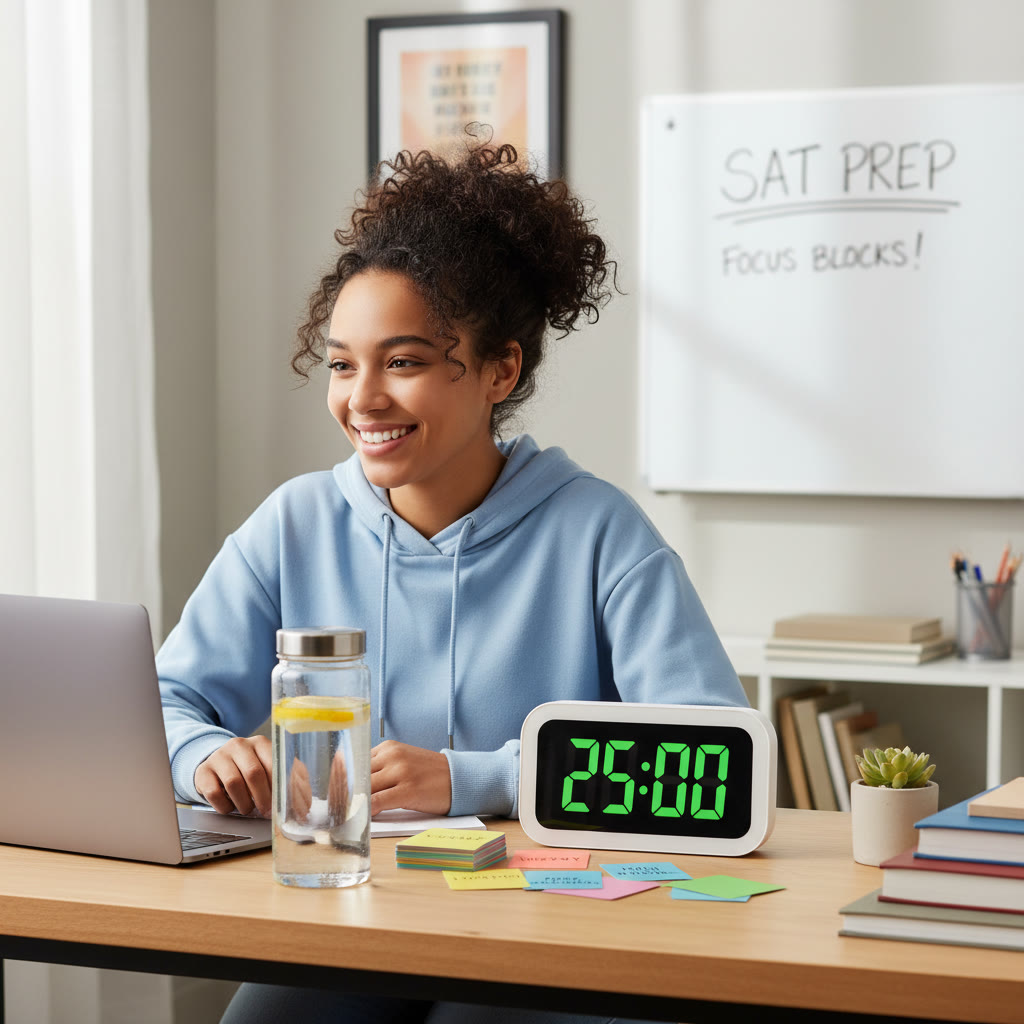 Student at a desk with a tidy study setup: clock showing a 25-minute session, flashcards, and a water bottle — representing focused short study blocks and healthy routines.