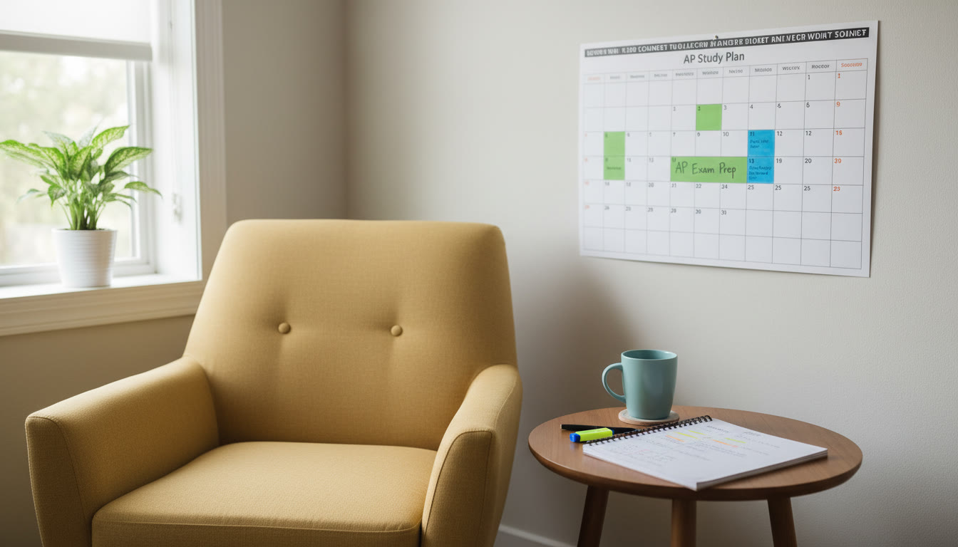 Photo Idea : A quiet study nook with a calendar on the wall marking prime study blocks in color, a notebook open to a study plan, and an empty mug—conveys planning and calm preparation.