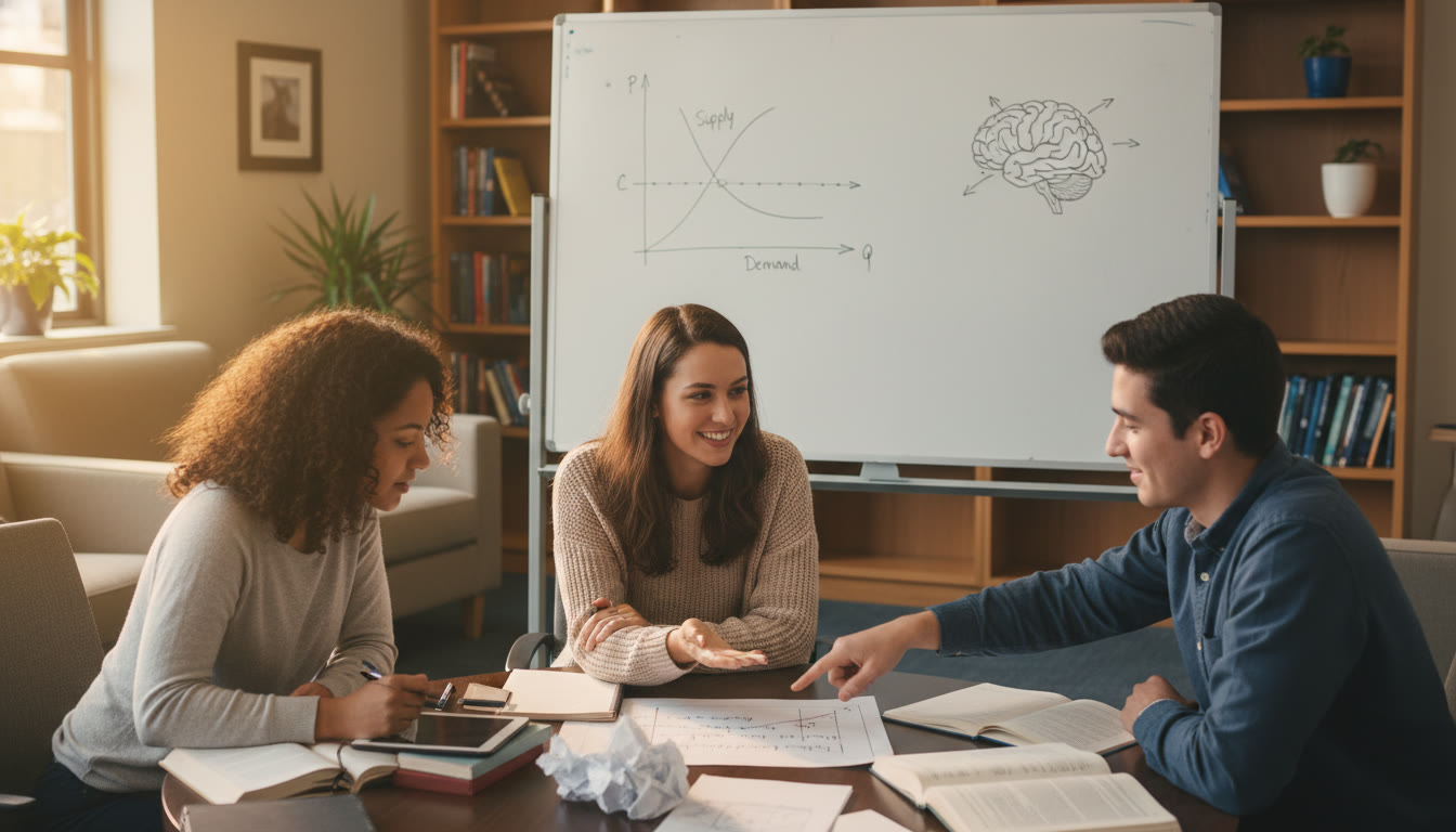 Photo Idea : A small group study session with a tutor guiding two students over a practice FRQ and a graph—whiteboard in background showing a supply and demand curve and a simple brain diagram. Warm, collaborative atmosphere to suggest supportive, personalized learning.