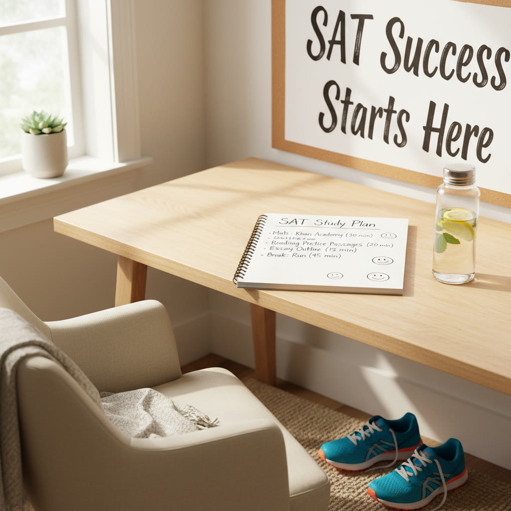 Photo idea: A calm study nook with natural light, a notebook open to a study plan, a water bottle, and a pair of running shoes nearby—conveys balance between study and self-care.