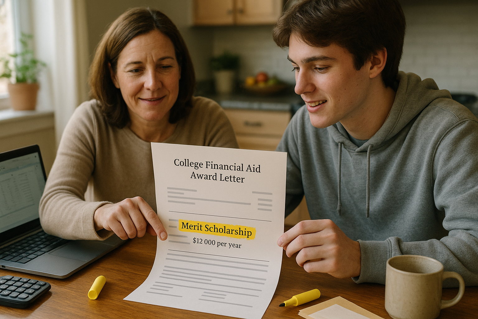 Photo Idea : A parent and teen at a kitchen table, reviewing a college’s financial aid award letter and highlighting the merit scholarship line.