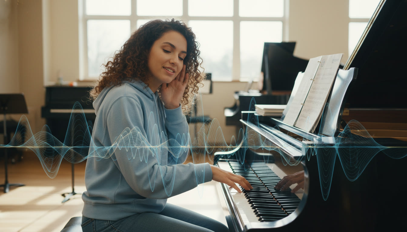 Photo Idea : A student at a piano, one hand pressing a single key while the other listens, with visible wave overlays to suggest standing waves and resonance.